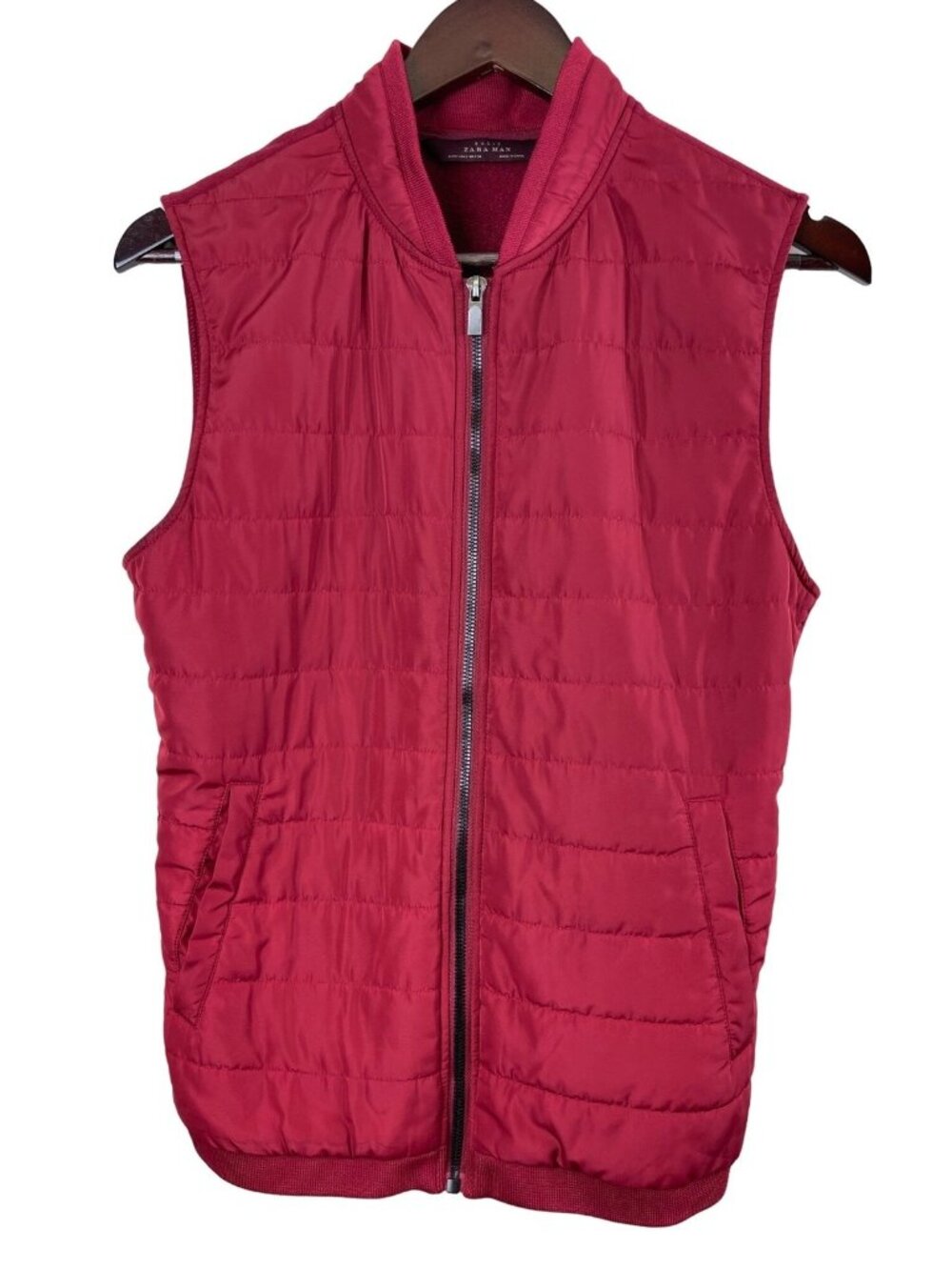Zara Man Quilted Puffer Vest Men's Small Red Burgundy Full Zip Utility Fleee